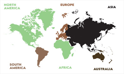 Fototapeta premium New modern world map, with names, Europe, Africa, Asia, Australia, North America, and South America world map graphic, Countries Silhouettes Stock Illustrations, Vectors