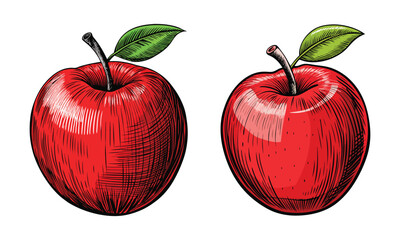 Hand-Drawn Red Apple with Green Leaf Illustration - Fresh Fruit Drawing