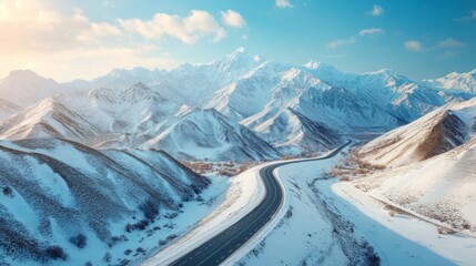 Panoramic View of Snow Capped Mountains with Winding River Under Blue Skies