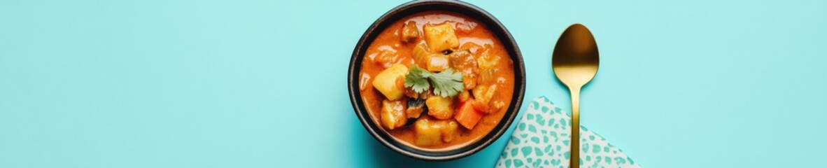 High resolution image of hearty vegetable stew in bowl on vibrant blue background for food design