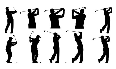 Obraz premium Set Bundle collection of golf swing silhouettes illustrating various techniques perfect for sports design and golf enthusiast projects