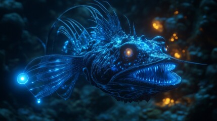Bioluminescent Anglerfish with Sharp Teeth Swimming in Deep Blue Ocean