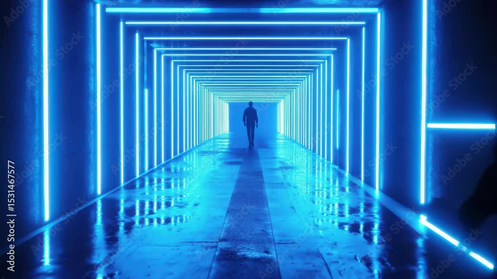 Poster Glowing blue neon stripes create a striking abstract atmosphere in a modern corridor, Blue neon glowing stripes abstract modern motion background