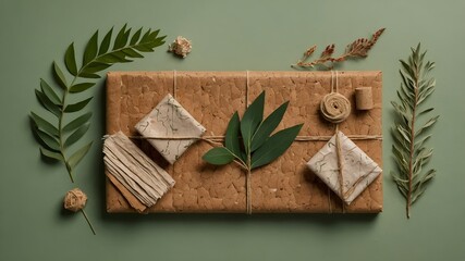 Eco-conscious flat lay of recycled and natural materials like cork, fabric scraps, leaves, and paper pulp arranged abstractly. Sustainable, plastic-free, and trendy in eco design.