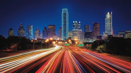 Fototapeta premium Illuminated Cityscape at Night with Light Trails from Traffic and Modern Architecture