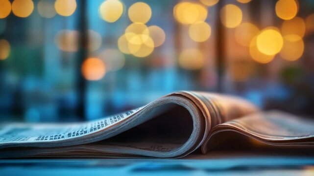 Close-up view of an open newspaper on a table with blurred city lights in the background
