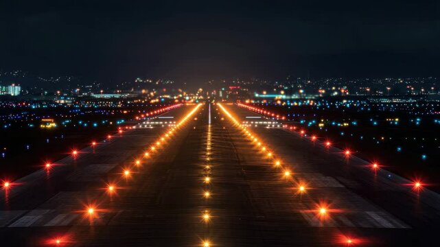 Night airport runway. Runway lights and PAPI-lights.