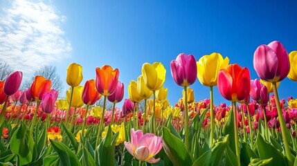 Vibrant Tulips Field with Mixed Colors Under Clear Blue Sky On Sunny Day