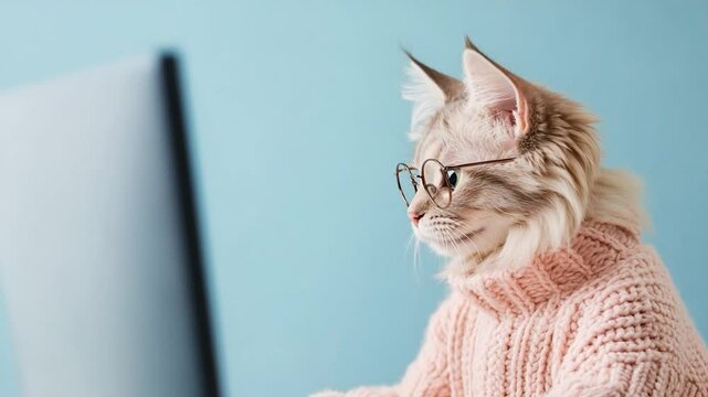 Cat in glasses wearing sweater looks at computer screen close up studio shot