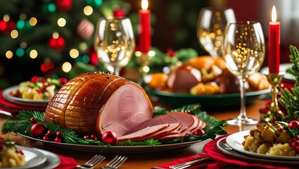 Festive christmas dinner table setting with a glazed ham, candles, wine glasses, and decorations