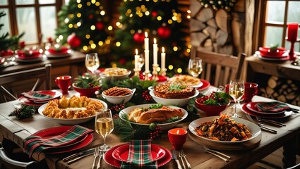 Fototapeta premium Festive christmas dinner table setting with a variety of dishes candles and christmas decorations