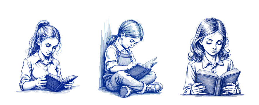 Collage of vintage sketches of a girl engrossed in reading a book, done in blue ink on white background, suitable for educational materials and blogs