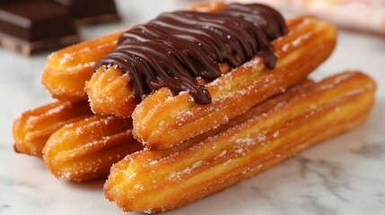 Churros con chocolate Spanish street food white marble surface overlay cut out on isolated transparent removed background