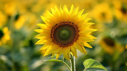 Fototapeta premium Bright yellow sunflower stands tall in a field of blurred sunflowers during daylight