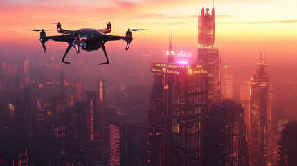 Futuristic Drone Flying Over Neon Cityscape at Dusk