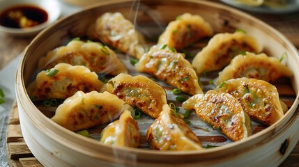 Chinese dumplings arranged in bamboo steamer with soy sauce white modern plating overlay cut out on isolated transparent removed background