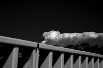 View of the dome of St. Peter's in Rome seen from the cycle path that goes from Monte Ciocci to the Vatican, black and white photo, sharp contrasts.