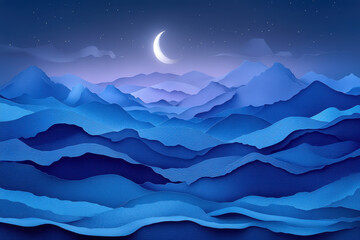 Obraz premium Crescent moon over mountain landscape.