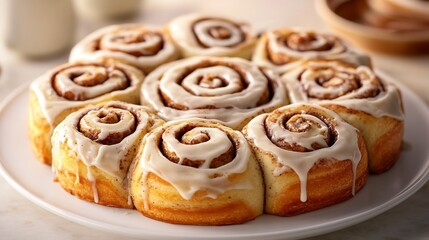 Cinnamon rolls with cream cheese icing spiral layers visible white plate overlay cut out on isolated transparent removed background