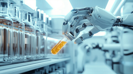 Robotic Arm Holding Glowing Vial in Futuristic White Laboratory Setting