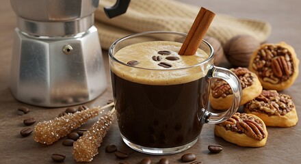 Coffee served with pecan pastries sugar canes and decorated with coffee beans and cinnamon sticks, coffee maker 
