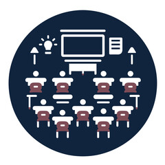 Classroom icon with students and teacher in front of a screen in flat design, educational concept