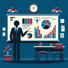 Business presentation illustration with presenter and charts in flat design, corporate environment concept