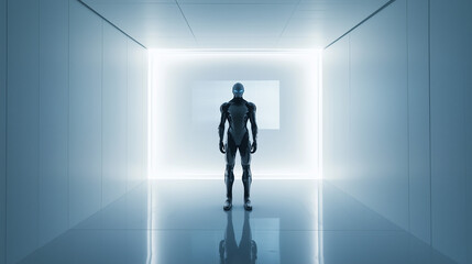 Sleek Silver Humanoid Robot in Minimal White Room Viewing Floating Holographic Screen