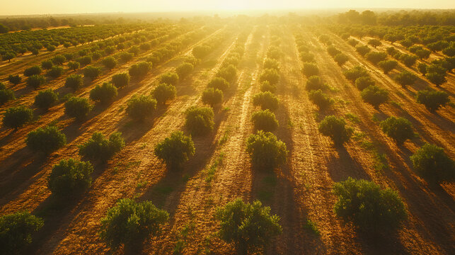 sun-drenched tree plantation with perfectly aligned rows