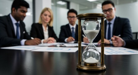 Hourglass on table in front of business team