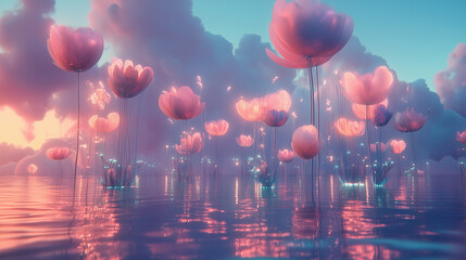 Surreal Dreamscape with Floating Islands and Giant Bioluminescent Flowers in Soft Pastel Colors