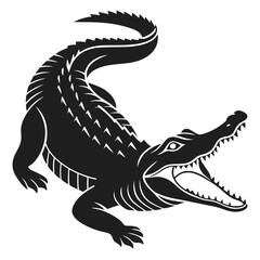 Black alligator with open mouth shows sharp teeth in a menacing posture