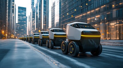 Row of White Autonomous Delivery Vehicles on City Street During Daytime