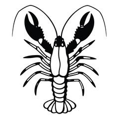 Black and white artistic rendition shows a detailed lobster with striking, prominent claws