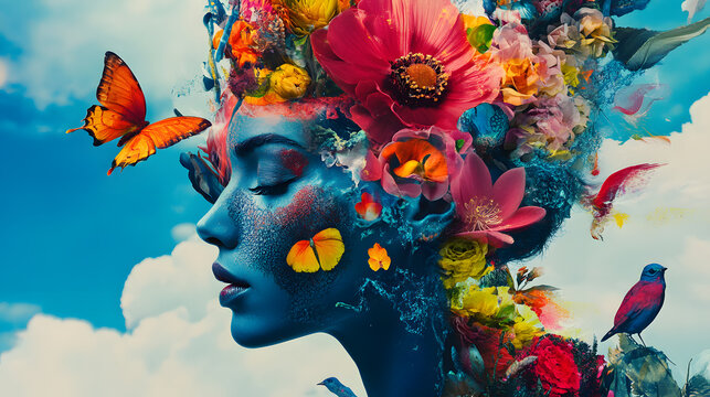 surreal portrait of a woman with blue skin merges seamlessly
