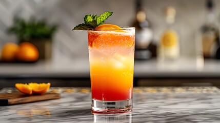 Clear cocktail glass with layered orange sunset drink and mint garnish white bar counter overlay cut out on isolated transparent removed background