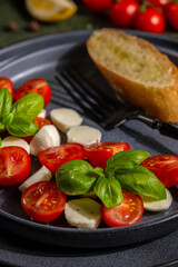 Caprese salad with tomatoes, mozzarella, and basil with toasted bread