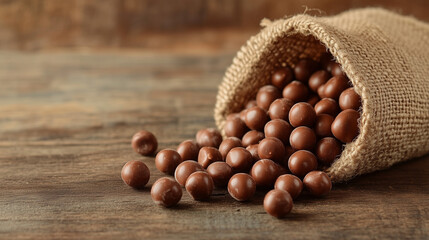 Chocolate Candies Spilling from Burlap Bag onto Rustic Wooden Surface.