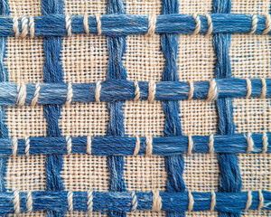 Close-Up of Handwoven Fabric Texture Featuring Blue and Beige Threads