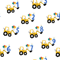 Seamless vector pattern with cute tractors, balloons, candles, and numbers 1–9. Fun and colorful birthday design for kids, perfect for prints, wrapping paper, and party decor.