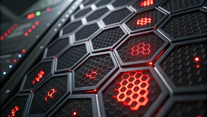 Red-lit hexagonal tech design with digital elements, symbolizing cybersecurity interface and futuristic system connectivity.