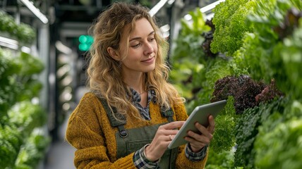 Deeply focused on her tablet, a woman manages the cultivation of thriving plants in a modern vertical farm, embodying the fusion of agriculture and technology.