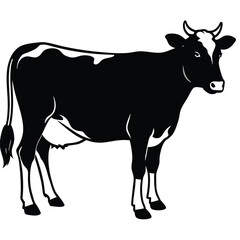 Black and white Holstein cow stands serenely with detailed udder and tail details