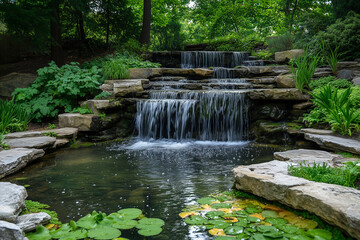Serene Waterfall in Tropical Forest Flowing into Turquoise Pool Surrounded by Vibrant Greenery