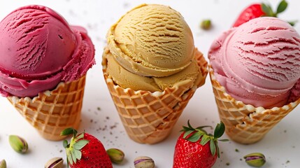 Colorful gelato scoops in waffle cone pistachio strawberry vanilla Italian ice cream white backdrop overlay cut out on isolated transparent removed background