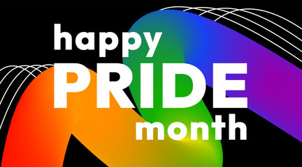 Happy Pride Month. Vibrant abstract banner with smooth ribbon in rainbow colors and bold text on black background to show support for the LGBTQ community during Pride Month.