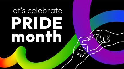 Happy Pride Month. Vibrant abstract banner with smooth ribbon in rainbow colors, hands showing heart symbol and bold text on black background to show support for the LGBTQ community during Pride Month