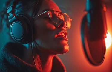 A singer uses a professional microphone within a soundproofed, high-tech studio to lay down crystal-clear vocal tracks