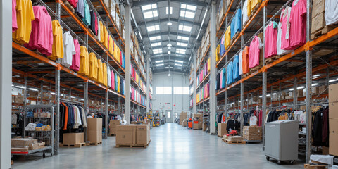 Apparel Distribution Center A fashion logistics warehouse with garments suspended on automated conveyor systems that move clothing from receiving to