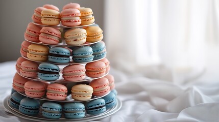 Colorful macaron tower in pastel shades French patisserie elegance white backdrop overlay cut out on isolated transparent removed background